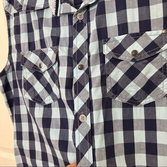 Colin’s Mens Sleeveless Button Down Blue Checkered Plaid Shirt Surfing Bay Large - Picture 7 of 11